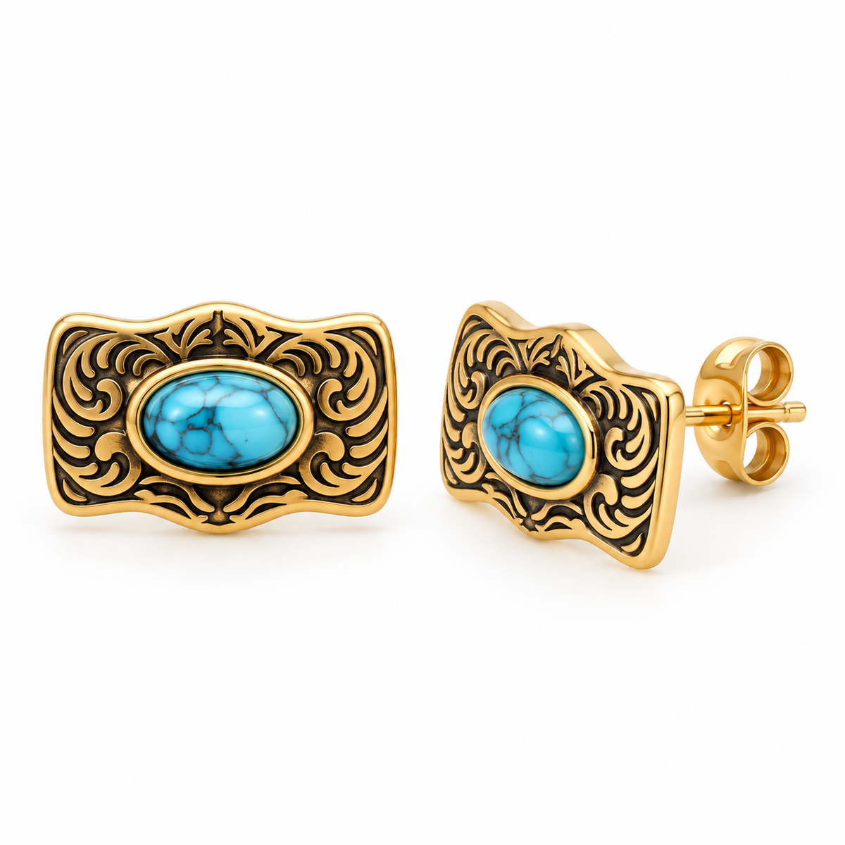 Turquoise Buckle Stud, gold buckle stud earrings with turquoise stone – view 3