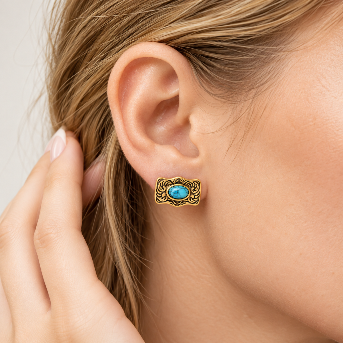 Turquoise Buckle Stud, gold buckle stud earrings with turquoise stone