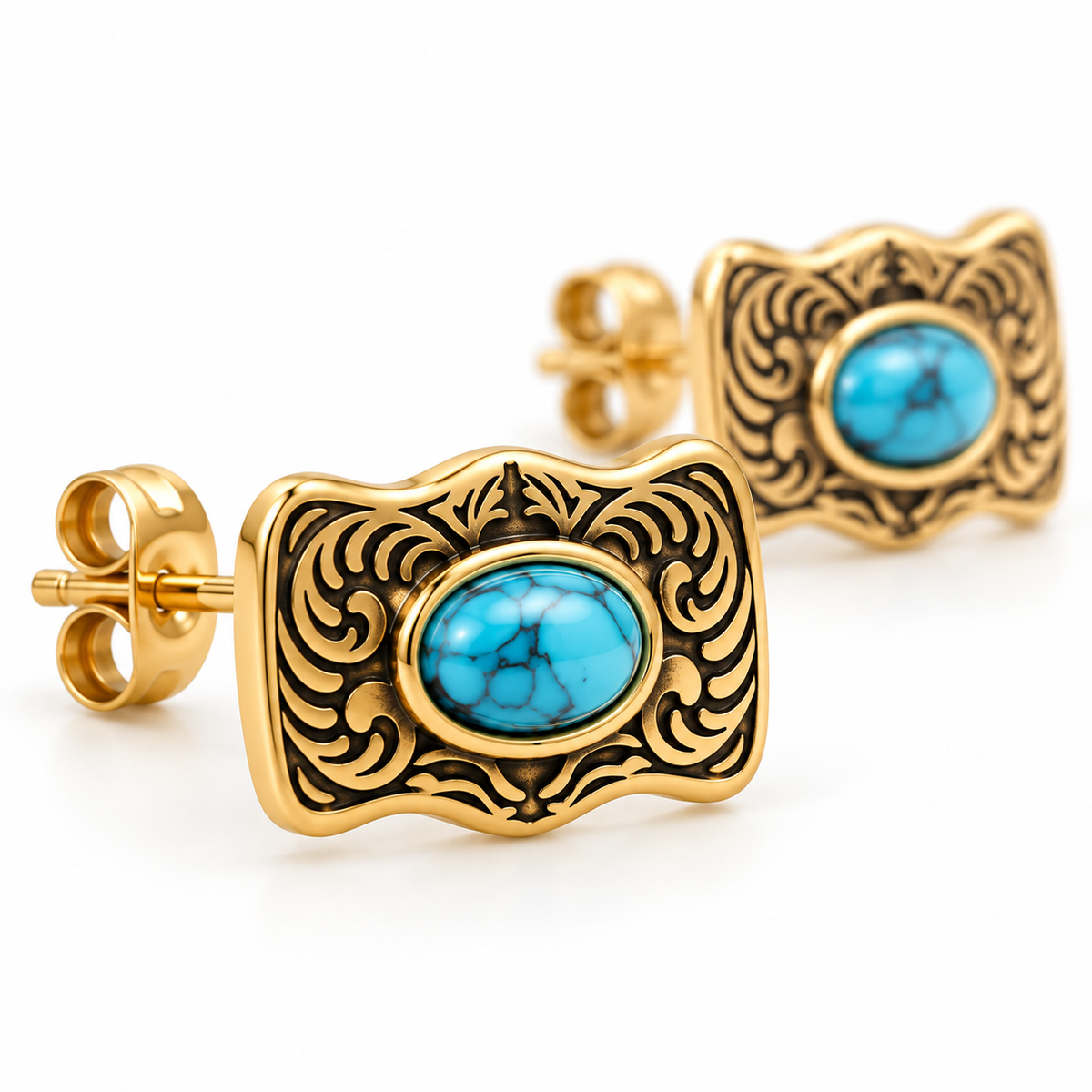 Turquoise Buckle Stud, gold buckle stud earrings with turquoise stone – view 2