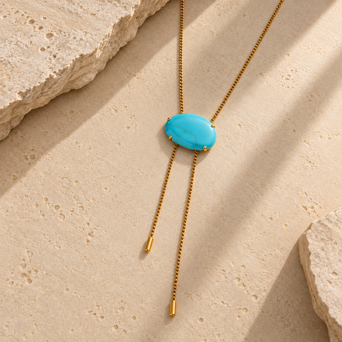 Taos Necklace, gold bolo necklace with turquoise-toned stone